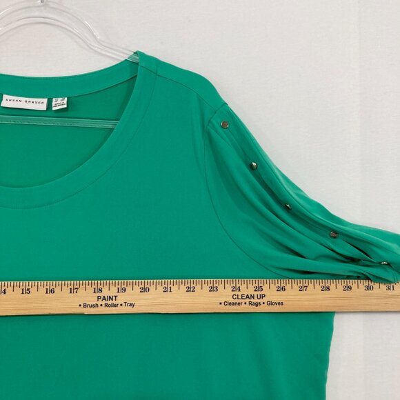 Susan Graver size 3X Kelly Green Button Sleeve Detail Liquid Knit Comfy Blouse - Picture 6 of 10